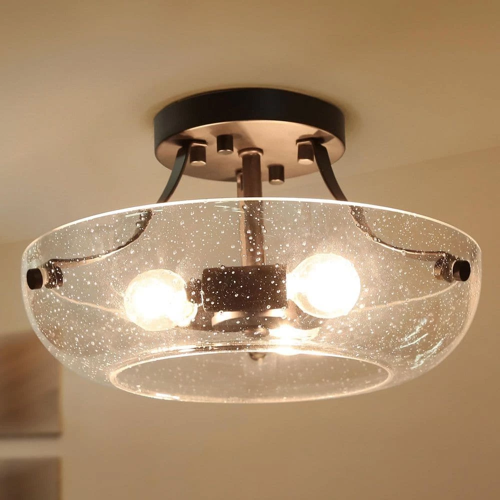 Modern Center Bowl Ceiling Light Cali 3-Light Black Round Flush Mount Ceiling Light with Seeded Glass Shade by Uolfin - Image 8