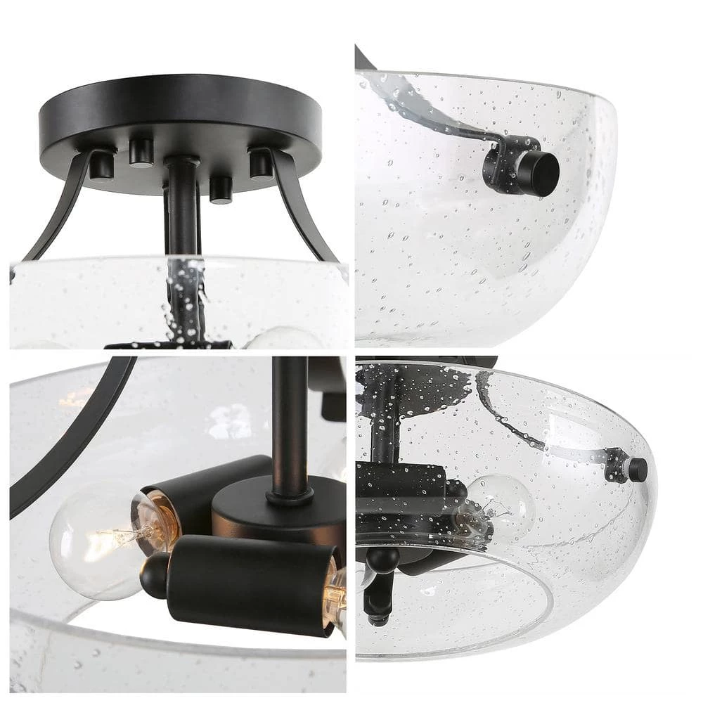 Modern Center Bowl Ceiling Light Cali 3-Light Black Round Flush Mount Ceiling Light with Seeded Glass Shade by Uolfin - Image 6