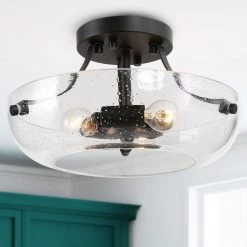 Modern Center Bowl Ceiling Light Cali 3-Light Black Round Flush Mount Ceiling Light with Seeded Glass Shade by Uolfin