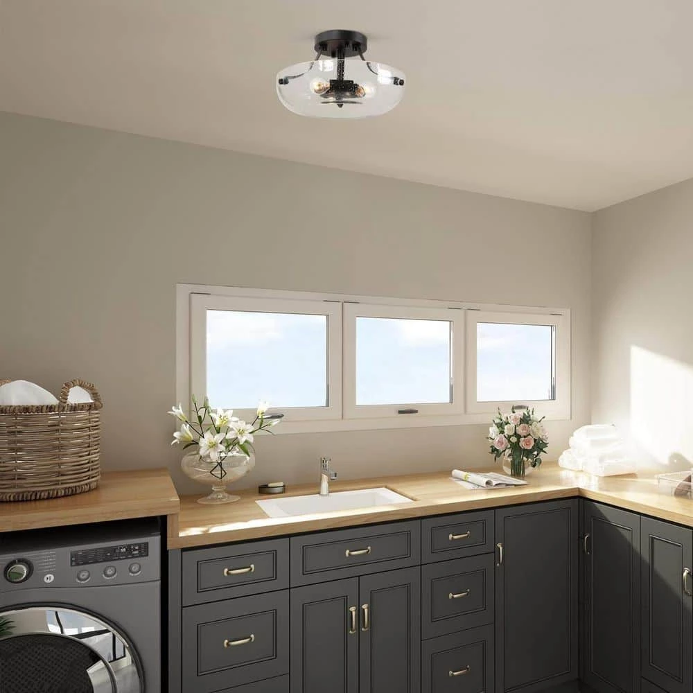 Modern Center Bowl Ceiling Light Cali 3-Light Black Round Flush Mount Ceiling Light with Seeded Glass Shade by Uolfin - Image 4