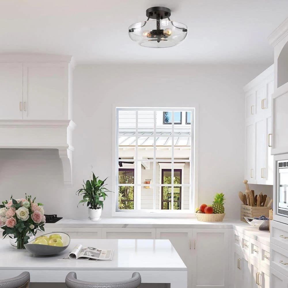 Modern Center Bowl Ceiling Light Cali 3-Light Black Round Flush Mount Ceiling Light with Seeded Glass Shade by Uolfin - Image 2