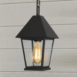 Modern Farmhouse Black Metal Outdoor Hanging Lights, 1-Light Classic Outdoor Pendant Light with Seeded Glass Shade by Uolfin