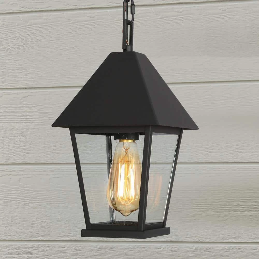 Modern Farmhouse Black Metal Outdoor Hanging Lights, 1-Light Classic Outdoor Pendant Light with Seeded Glass Shade by Uolfin