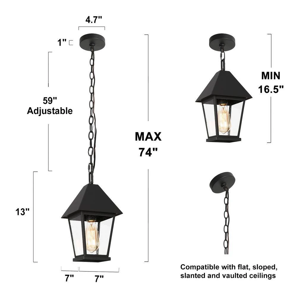 Modern Farmhouse Black Metal Outdoor Hanging Lights, 1-Light Classic Outdoor Pendant Light with Seeded Glass Shade by Uolfin - Image 4