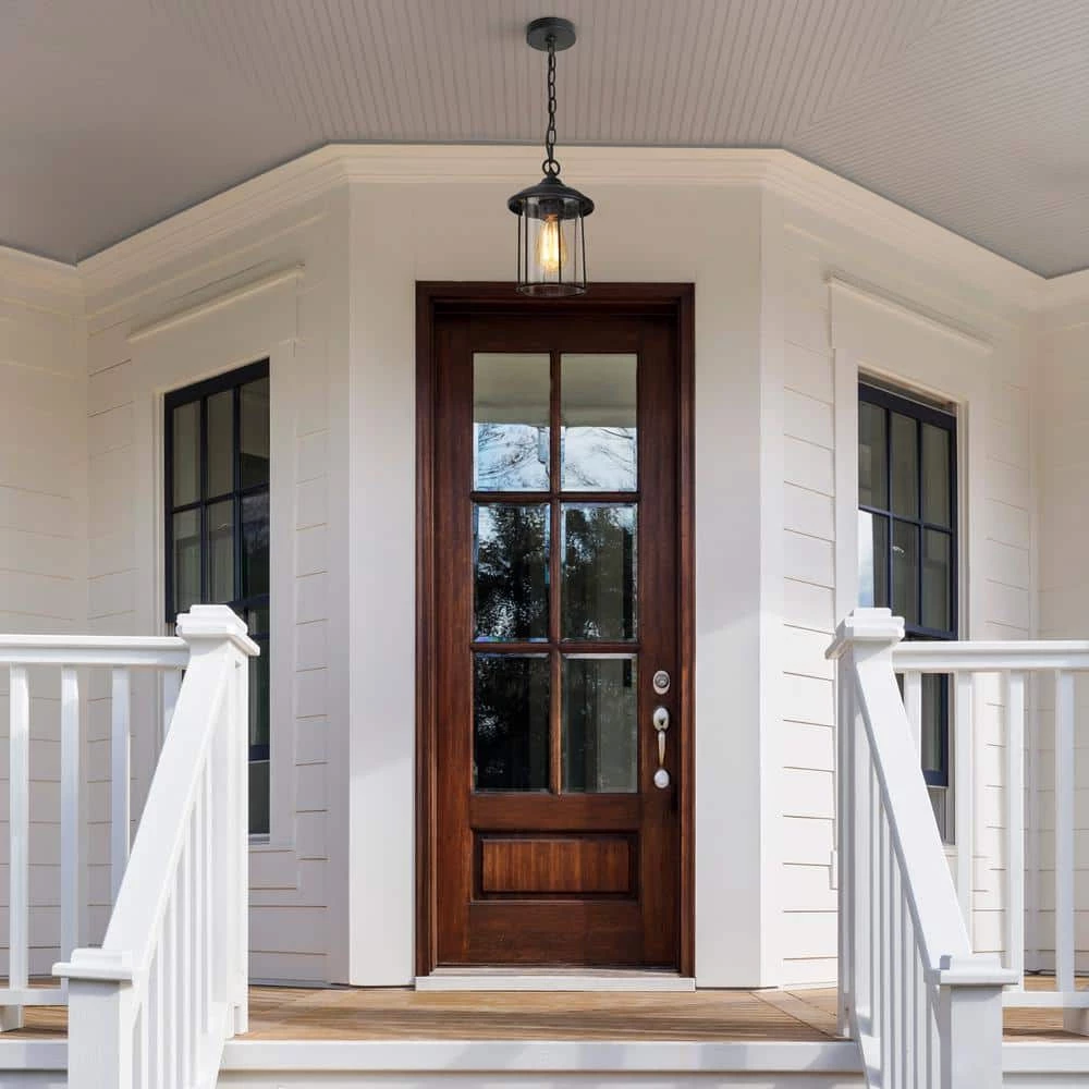 Modern Black Outdoor Pendant Light TORA 1-Light Farmhouse Lantern Outdoor Light Fixture with Seeded Glass Shade by Uolfin - Image 3