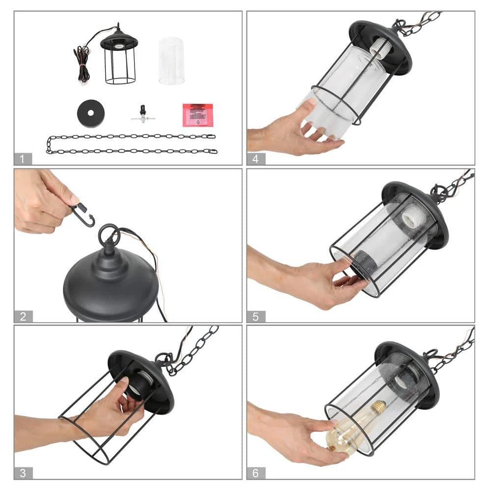 Modern Black Outdoor Pendant Light TORA 1-Light Farmhouse Lantern Outdoor Light Fixture with Seeded Glass Shade by Uolfin - Image 7