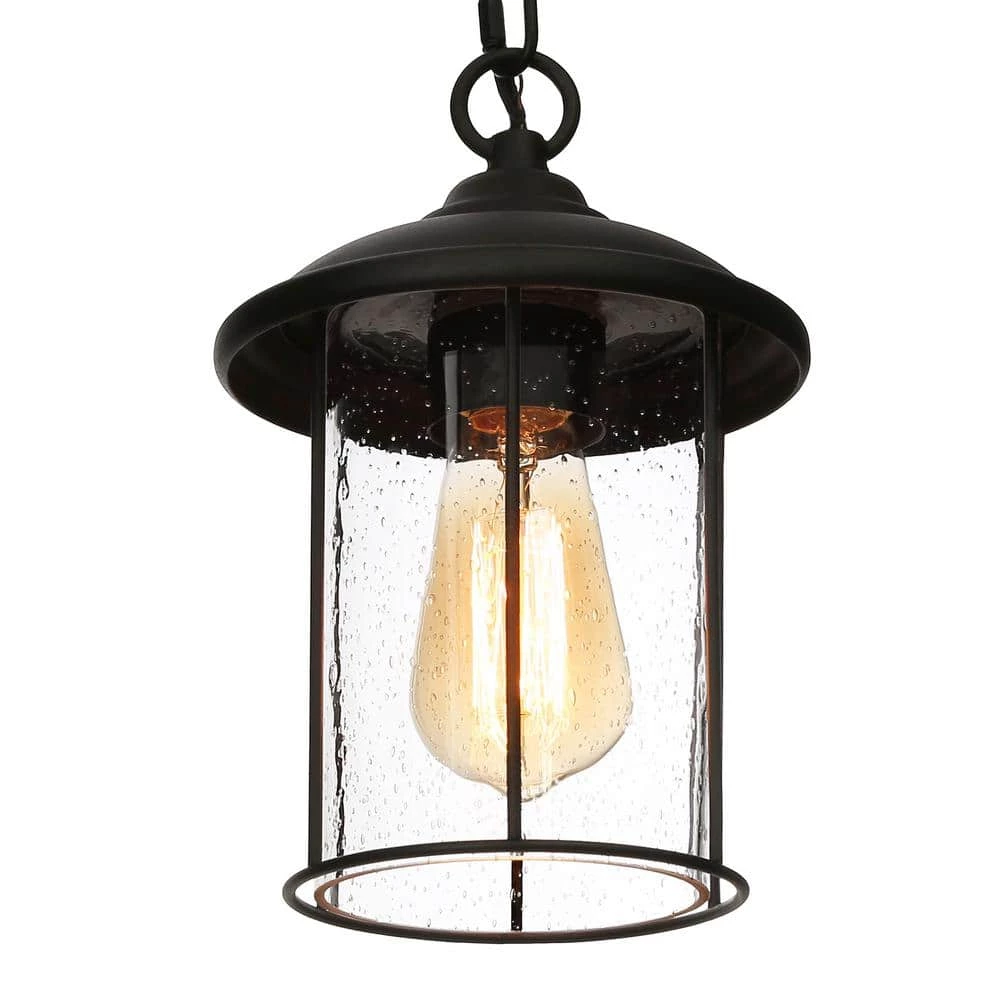 Modern Black Outdoor Pendant Light TORA 1-Light Farmhouse Lantern Outdoor Light Fixture with Seeded Glass Shade by Uolfin - Image 8
