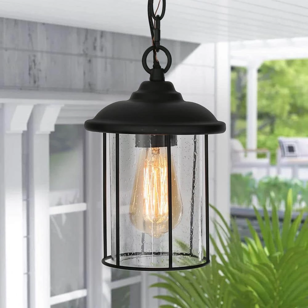 Modern Black Outdoor Pendant Light TORA 1-Light Farmhouse Lantern Outdoor Light Fixture with Seeded Glass Shade by Uolfin