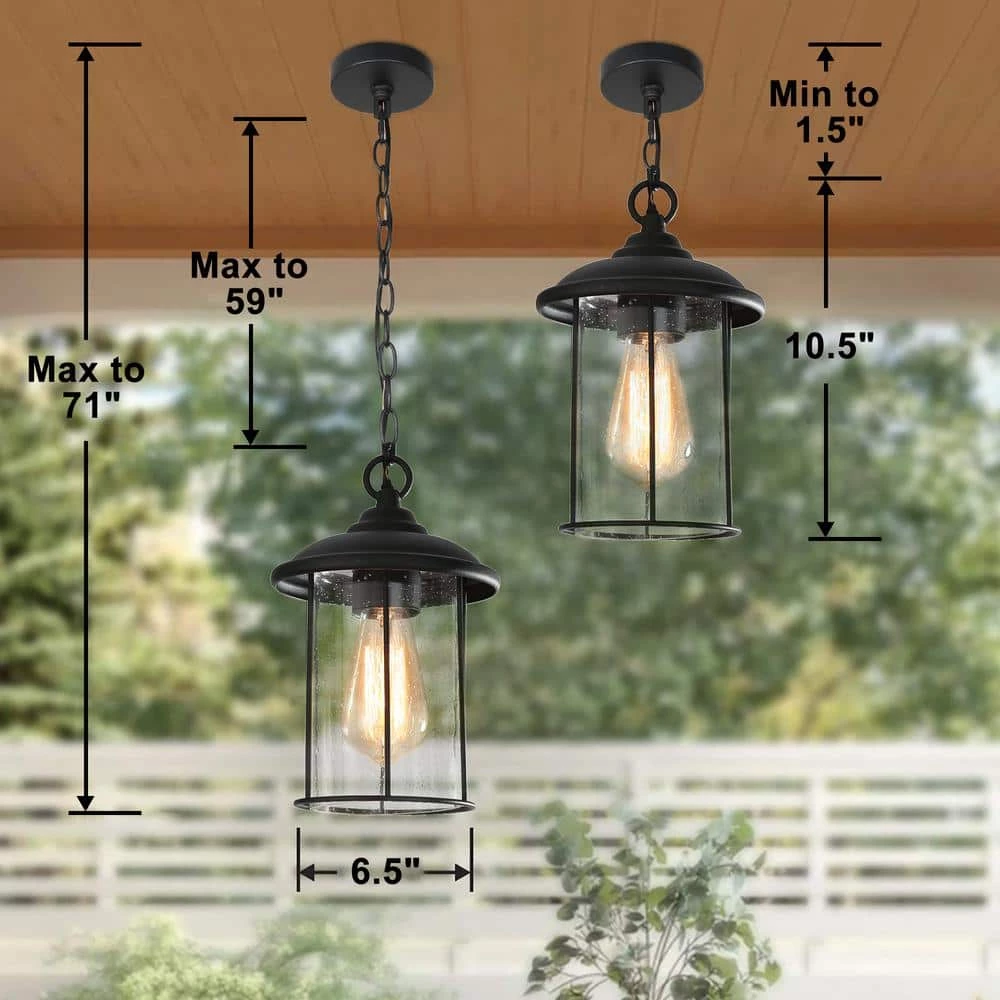 Modern Black Outdoor Pendant Light TORA 1-Light Farmhouse Lantern Outdoor Light Fixture with Seeded Glass Shade by Uolfin - Image 5