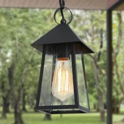 Modern Farmhouse Black Metal Outdoor Hanging Lights, 1-Light Classic Outdoor Pendant Light with Seeded Glass Shade by Uolfin