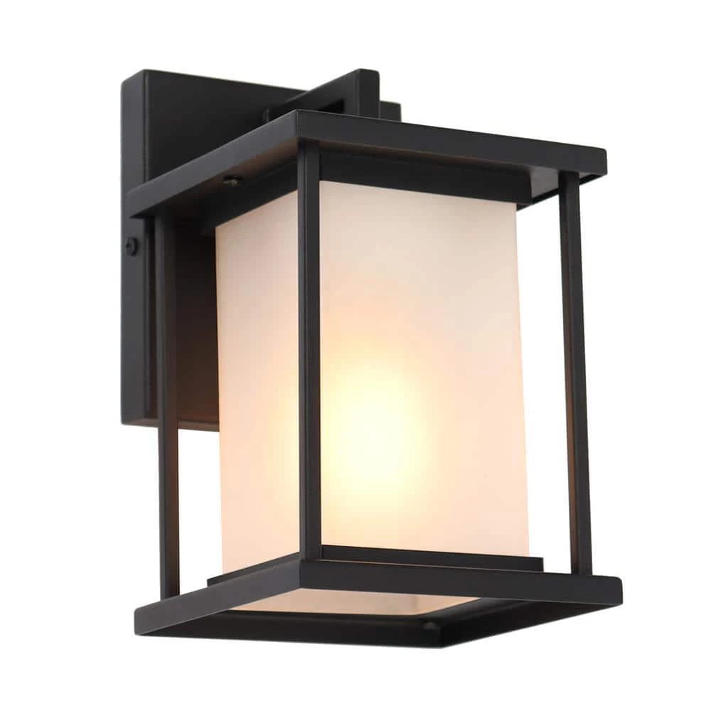 1-Light Matte Black Hardwired Outdoor Wall Lantern Sconce with Frosted Glass Shade by Uolfin