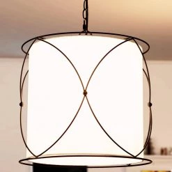 Modern Drum Island Chandelier Pendant Light Kagome 3-Light Matte Black Cage Chandelier Light with Fabric Shade by Uolfin
