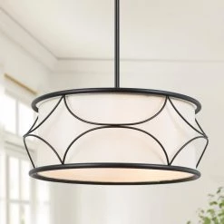 Modern Drum Island Chandelier Light Ray 3-Light Matte Black Cage Chandelier Pendant Light with Fabric Shade by Uolfin
