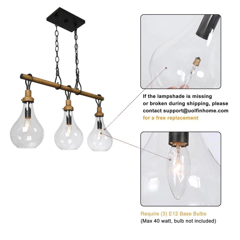 Farmhouse Black Dining Room Chandelier, Maya 3-Light Modern Kitchen Island Pendant Hanging Light with Teardrop Shades by Uolfin - Image 7