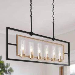 Modern Black & Brass Large Linear Chandelier Light Cali 37.4 in. 6-Light Island Chandelier Light with Clear Glass Shades by Uolfin