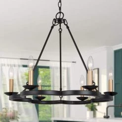 Modern Black Dining Room Chandelier, 6-Light Farmhouse Wagon Wheel Bedroom Chandelier with Gold Candlestick Lights by Uolfin