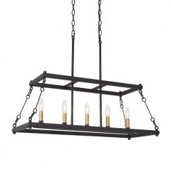 Modern Farmhouse Linear Chandelier, 5-Light Black And Gold Candlestick Chandelier Light Fixture with Geometric Frame by Uolfin
