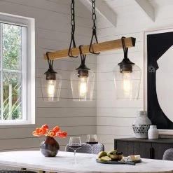 Modern Black Dining Room Chandelier, 25 in. 3-Light Farmhouse Faux Wood Pendant Hanging light for Kitchen and Bedroom by Uolfin