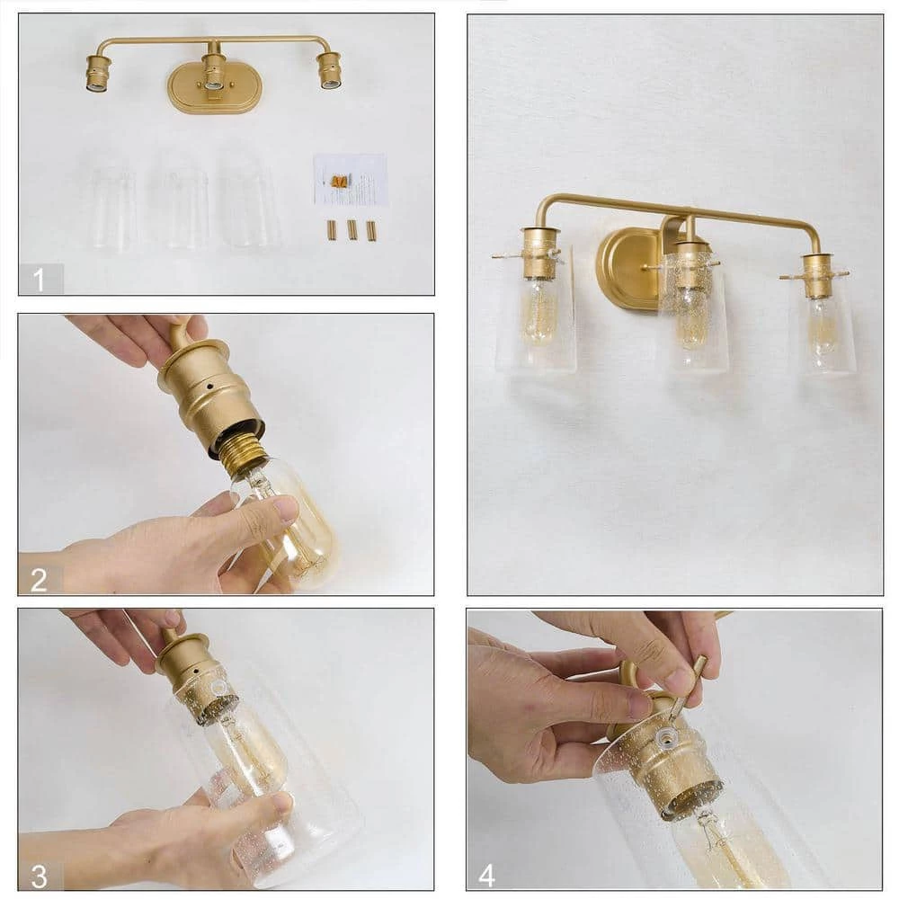 Modern Gold Bathroom Vanity Light, 22.5 in. 3-Light Farmhouse Brass Wall Sconce with Seeded Glass Shades by Uolfin - Image 7