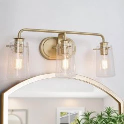 Modern Gold Bathroom Vanity Light, 22.5 in. 3-Light Farmhouse Brass Wall Sconce with Seeded Glass Shades by Uolfin