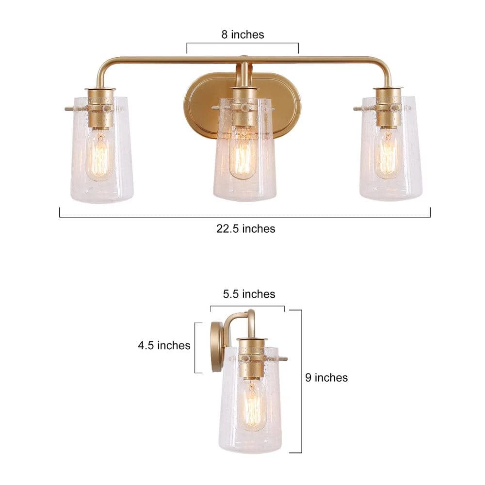 Modern Gold Bathroom Vanity Light, 22.5 in. 3-Light Farmhouse Brass Wall Sconce with Seeded Glass Shades by Uolfin - Image 5