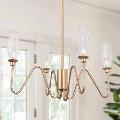 Modern Farmhouse Island Candlestick Chandelier Light, 4-Light Gold Chandelier Pendant Lights with Geometric Glass Shades by Uolfin