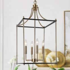 Modern Farmhouse Island Chandelier Light, 4-Light Black and Painted Copper Transitional Geometric Cage Chandelier by Uolfin