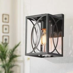 Modern Farmhouse Cage Wall Lantern Sconce Light 1-Light Black Outdoor Wall Light with Clear Glass Shade by Uolfin
