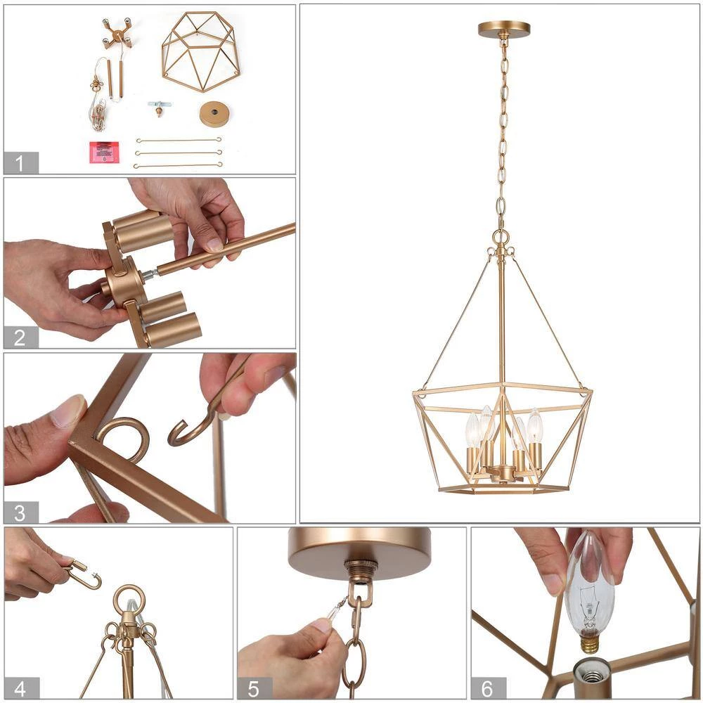 Modern Gold Dining Room Chandelier, Quinn 4-Light Farmhouse Cage Bedroom Chandelier Pendant Lighting by Uolfin - Image 7