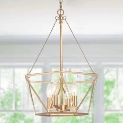 Modern Gold Dining Room Chandelier, Quinn 4-Light Farmhouse Cage Bedroom Chandelier Pendant Lighting by Uolfin