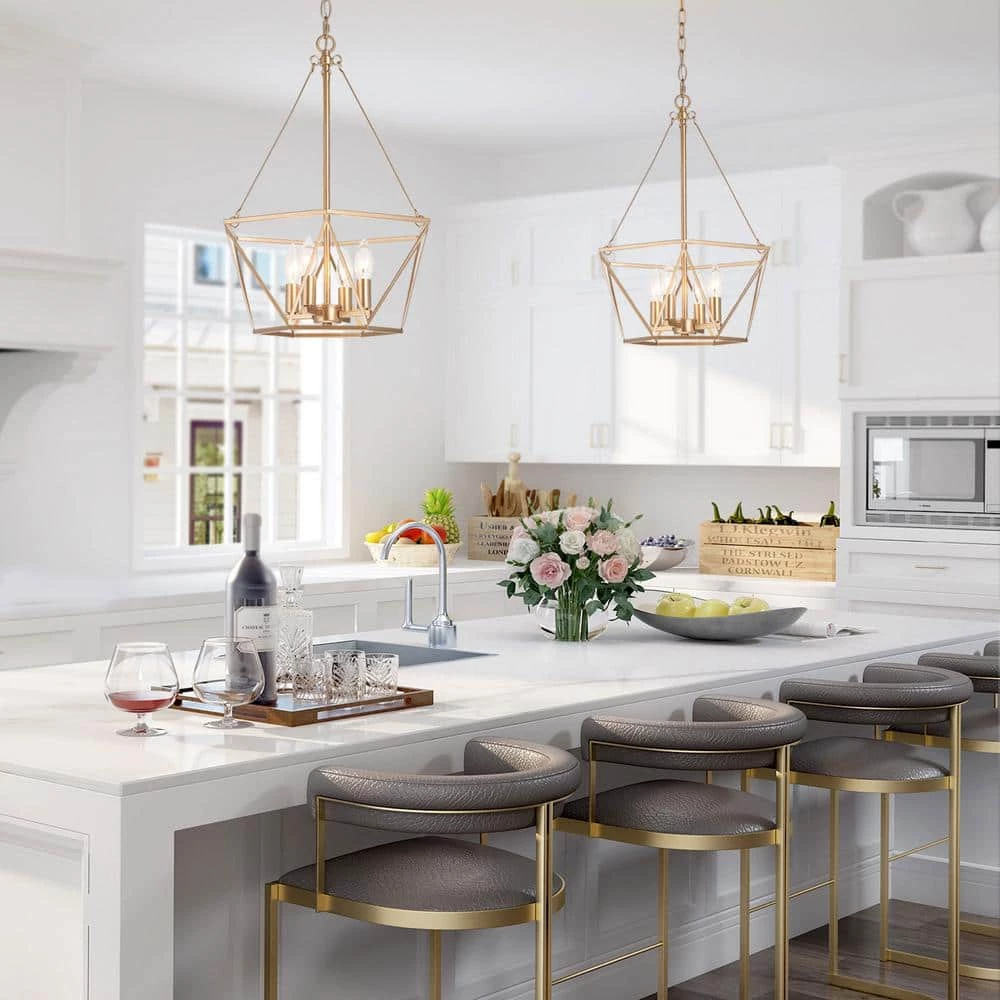 Modern Gold Dining Room Chandelier, Quinn 4-Light Farmhouse Cage Bedroom Chandelier Pendant Lighting by Uolfin - Image 2