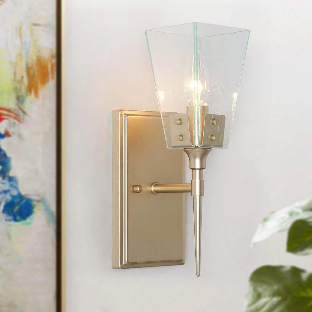 Modern Funnel Bathroom Vanity Light 1-Light Gold Square Bedroom Wall Light with Seeded Glass Shade by Uolfin