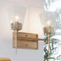 Modern 2-Light Bell Gold Vanity Light Bathroom Wall Light Fixture with Seeded Glass Shades by Uolfin