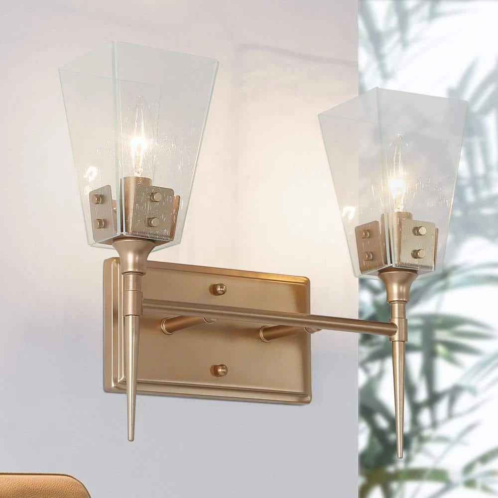 Modern 2-Light Bell Gold Vanity Light Bathroom Wall Light Fixture with Seeded Glass Shades by Uolfin