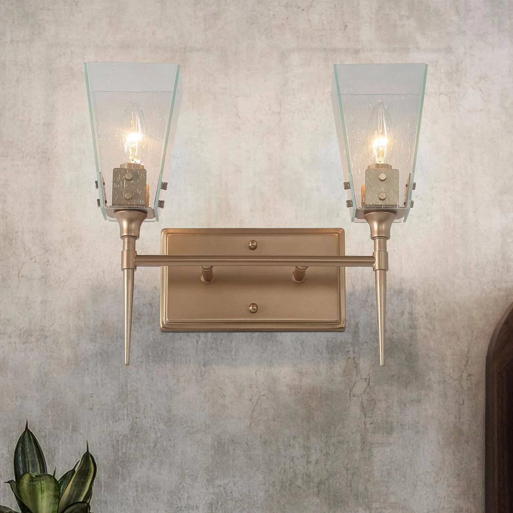 Modern 2-Light Bell Gold Vanity Light Bathroom Wall Light Fixture with Seeded Glass Shades by Uolfin - Image 7
