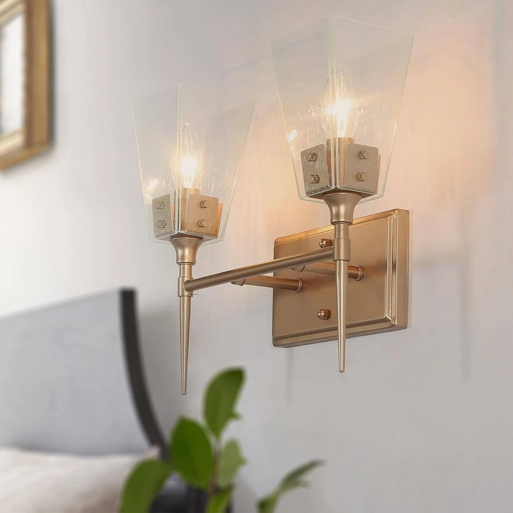 Modern 2-Light Bell Gold Vanity Light Bathroom Wall Light Fixture with Seeded Glass Shades by Uolfin - Image 2