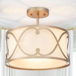 13 in. Transitional Semi-Flush Mount Lighting, 3-light Modern Farmhouse Drum Shaded Ceiling Light with White Linen Shade by Uolfin