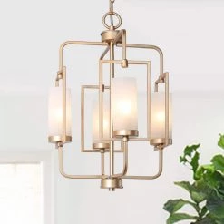 Modern Farmhouse Island Chandelier Light, 5-Light Gold Transitional Cage Chandelier with Frosted Glass Shades by Uolfin