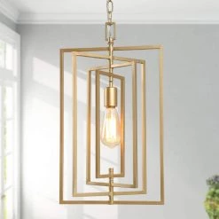 Modern Gold Bedroom Pendant Light, Quinn 1-Light Geometric Industrial Dining Room Chandelier by Uolfin