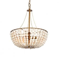 Rustic Farmhouse Dining Room Chandelier, 3-Light Retro Gold Bedroom Bowl Chandelier with White Wood Beads by Uolfin