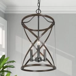 3-Light Bronze Farmhouse Drum Chandelier Light with Faux Wood Accent by Uolfin