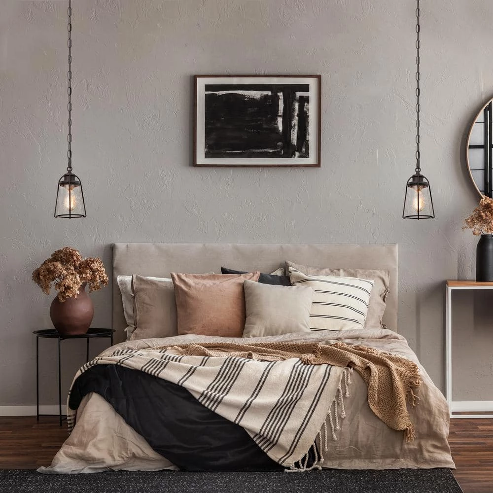 Farmhouse Black Kitchen Pendant Light, Maya 1-Light Modern Industrial Bronze Pendant Light with Caged Seeded Glass Shade by Uolfin - Image 3