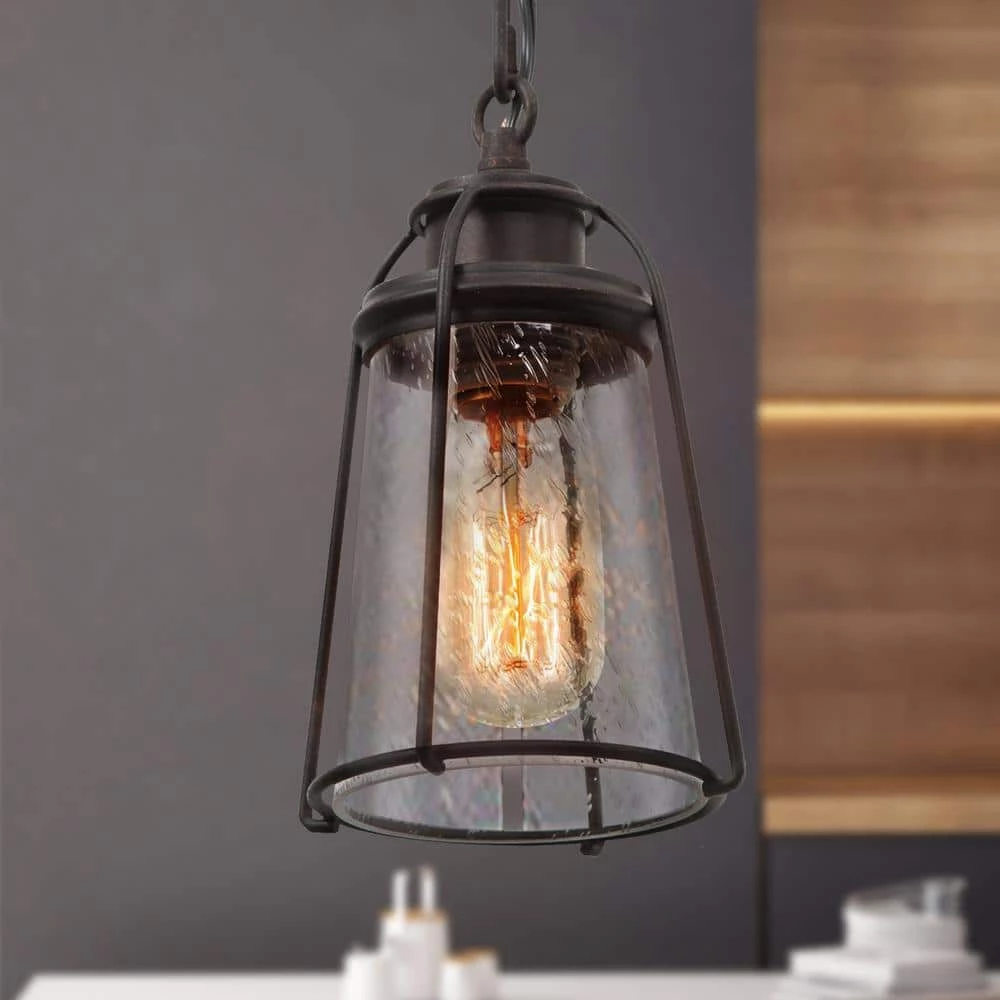 Farmhouse Black Kitchen Pendant Light, Maya 1-Light Modern Industrial Bronze Pendant Light with Caged Seeded Glass Shade by Uolfin - Image 8