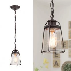 Farmhouse Black Kitchen Pendant Light, Maya 1-Light Modern Industrial Bronze Pendant Light with Caged Seeded Glass Shade by Uolfin