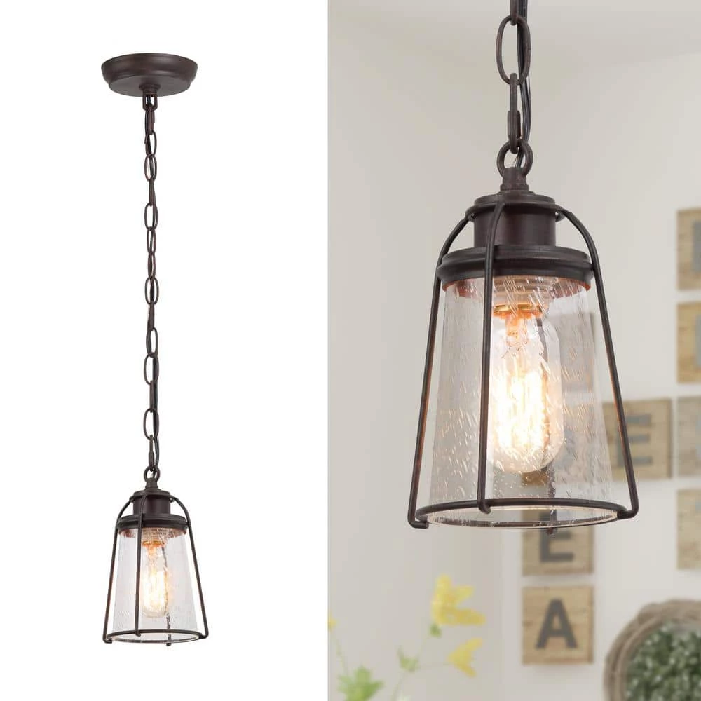 Farmhouse Black Kitchen Pendant Light, Maya 1-Light Modern Industrial Bronze Pendant Light with Caged Seeded Glass Shade by Uolfin