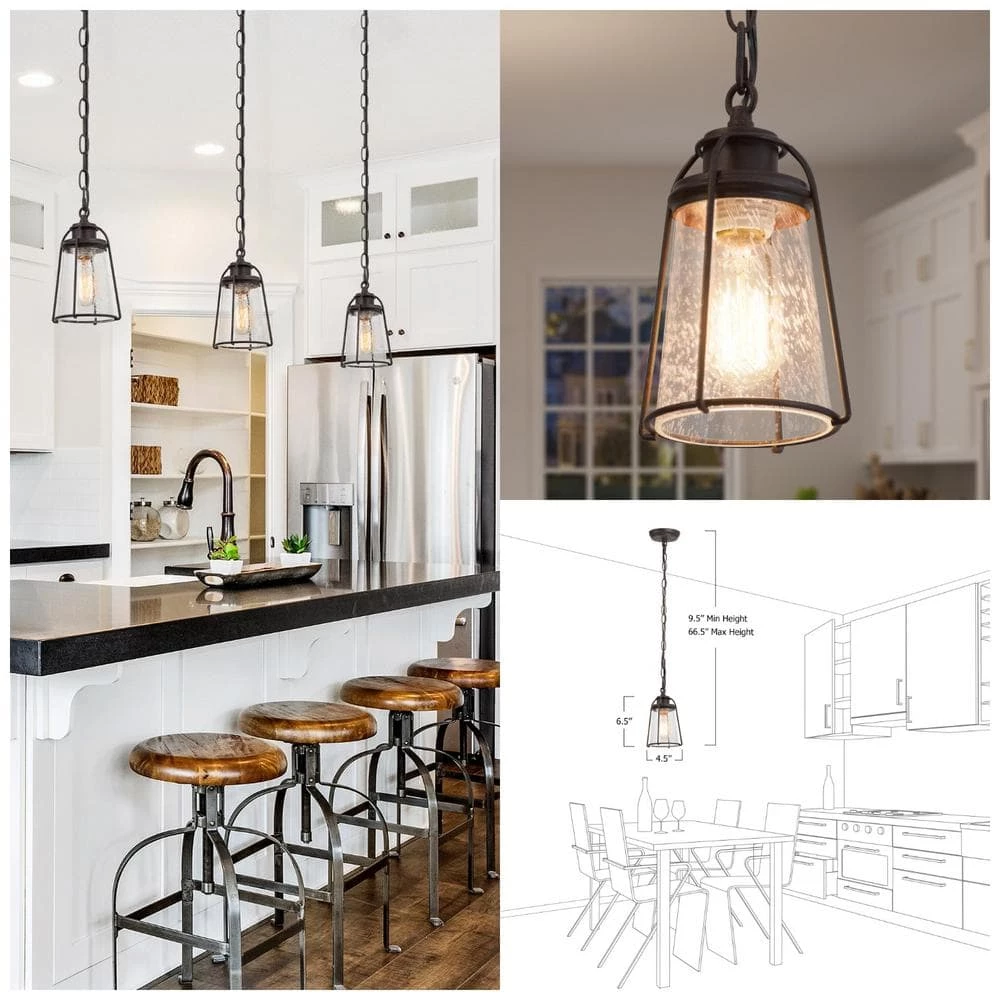 Farmhouse Black Kitchen Pendant Light, Maya 1-Light Modern Industrial Bronze Pendant Light with Caged Seeded Glass Shade by Uolfin - Image 4