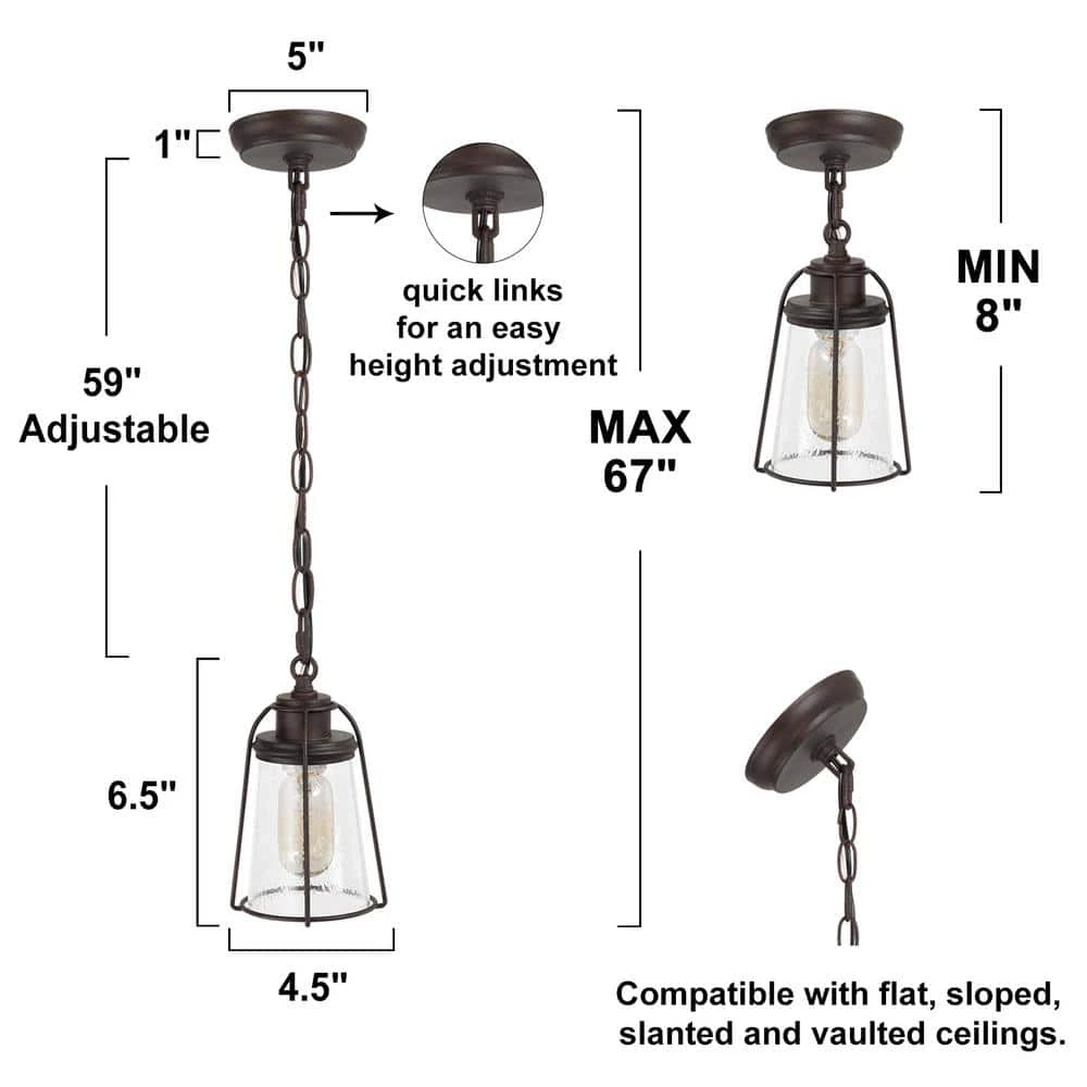 Farmhouse Black Kitchen Pendant Light, Maya 1-Light Modern Industrial Bronze Pendant Light with Caged Seeded Glass Shade by Uolfin - Image 5