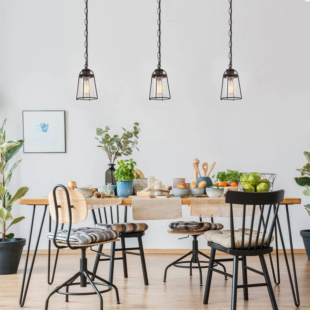 Farmhouse Black Kitchen Pendant Light, Maya 1-Light Modern Industrial Bronze Pendant Light with Caged Seeded Glass Shade by Uolfin - Image 2