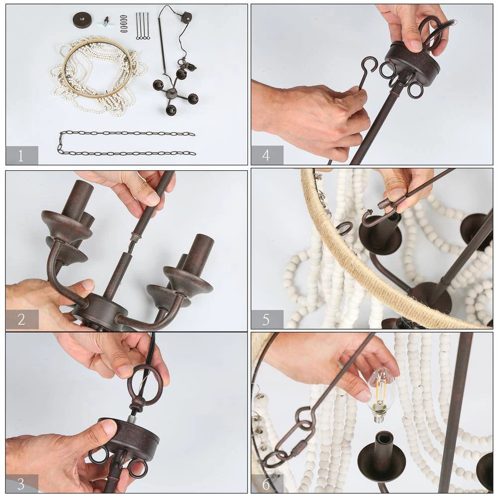 Modern Farmhouse Empire Beaded Chandelier, 4-Light Rustic Brown Transitional Candlestick Boho Chandelier with Wood Beads by Uolfin - Image 7