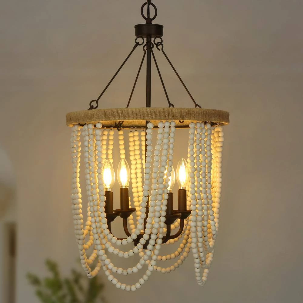 Modern Farmhouse Empire Beaded Chandelier, 4-Light Rustic Brown Transitional Candlestick Boho Chandelier with Wood Beads by Uolfin - Image 4